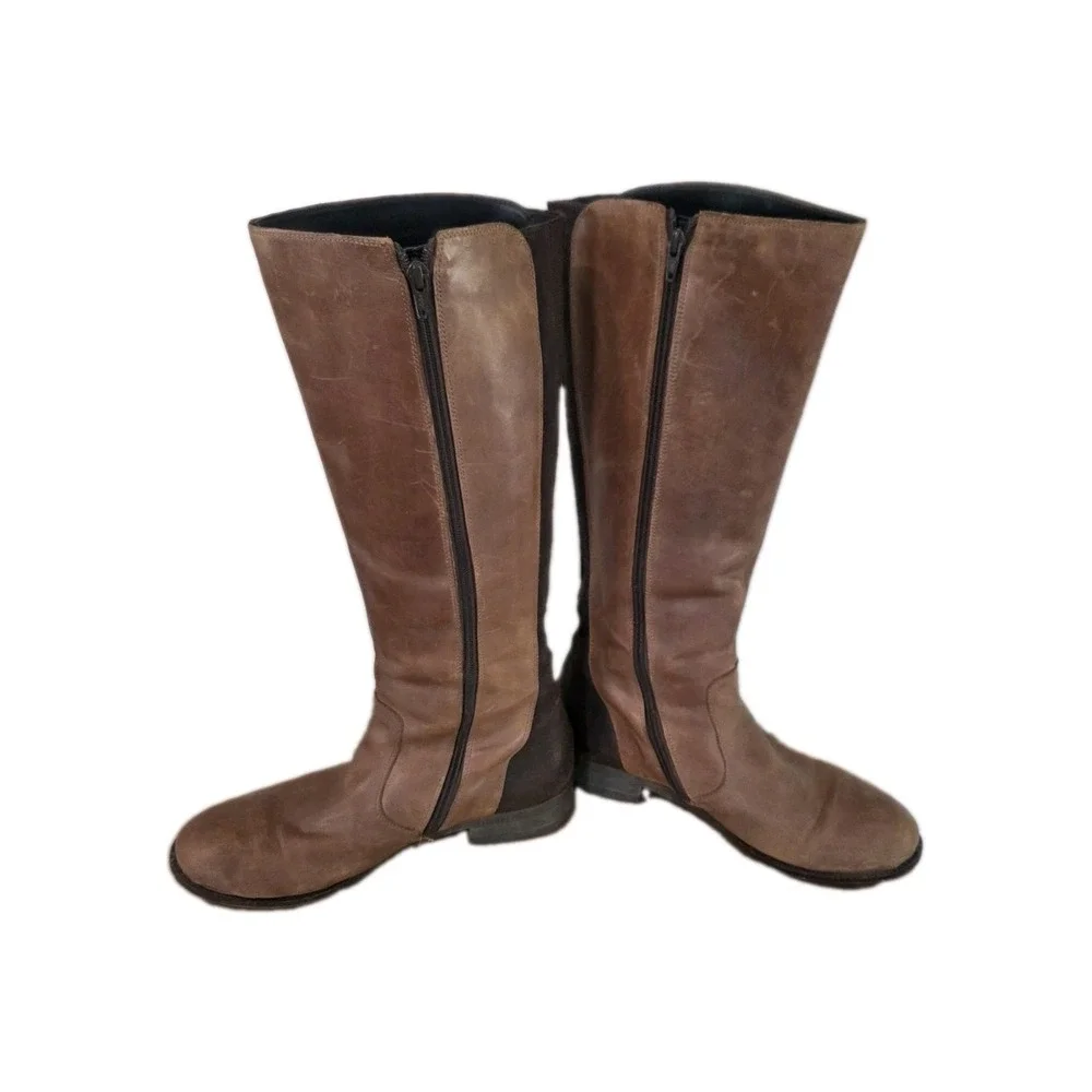 FLY London Women's 42 Brown Leather Knee High Riding Boots Zip Distressed